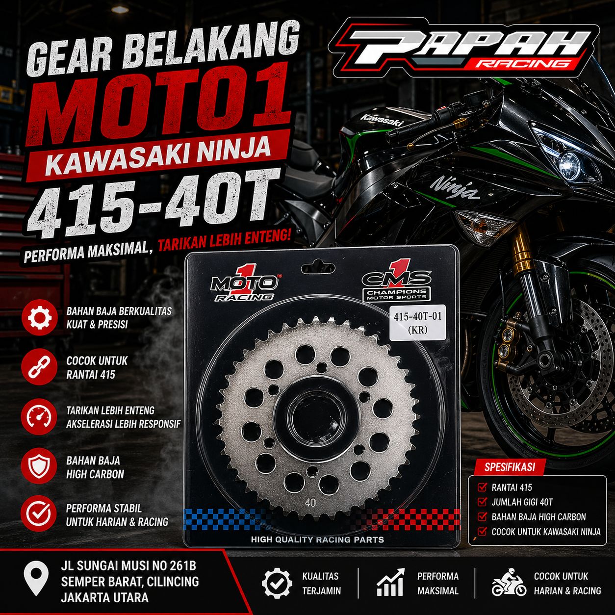GEAR BELAKANG MOTO1 KAWASAKI NINJA 415-40T
